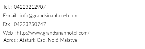 Grand Sinan Hotel telefon numaralar, faks, e-mail, posta adresi ve iletiim bilgileri